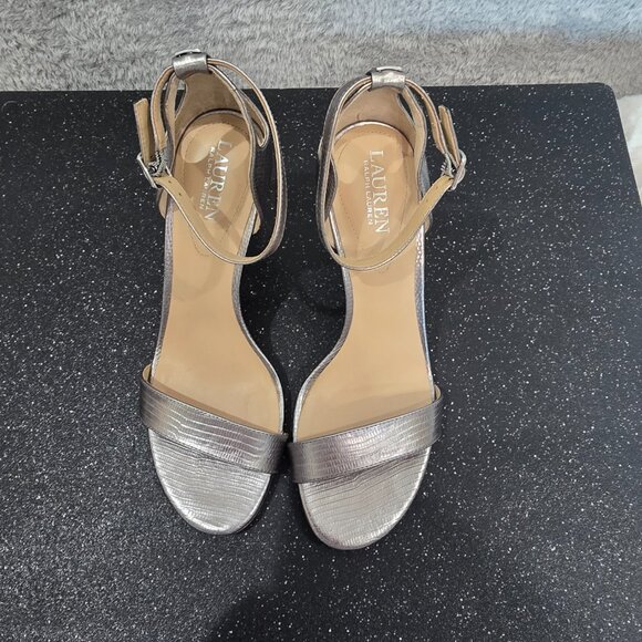 Lauren Ralph Lauren Gretchin Grey Metallic Lizard Heeled Sandal Size 9 Pre Owned - Picture 10 of 11
